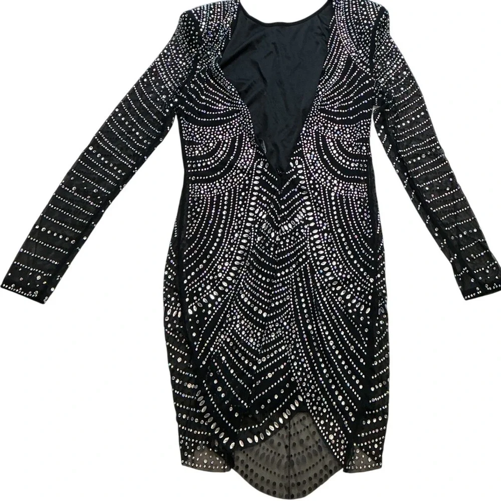 Banjul Womens Black Rhinestone Long Sleeve Open Back Cocktail Dress BCCDS23868 S - Picture 3 of 7